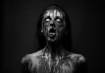 Fotobehang vrouwelijke demon.Art studio shot.Goth meisje met gesneden tong © Glebstock