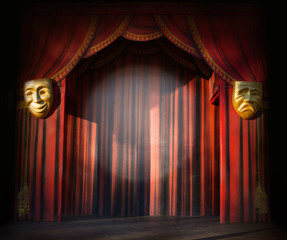 Empty stage with golden comedy masks