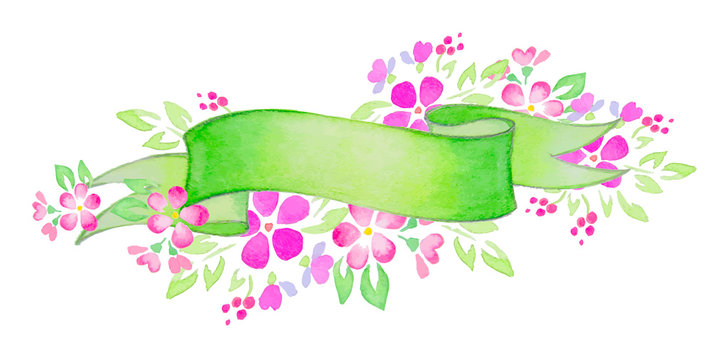 Ribbons with pink flowers and leaves