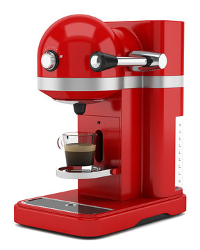 red coffee machine isolated on white background