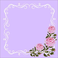 Vintage frame with curl decoration and pink peonies.
