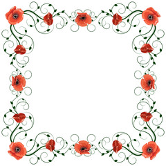 Delicate frame with red poppies isolated on white background.