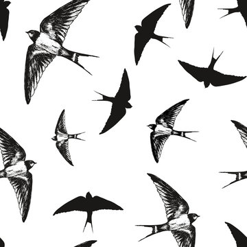 Flying birds black and white pattern, vector