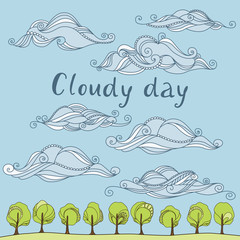 Vector illustration with blue sky and beautiful clouds. Cloudy day