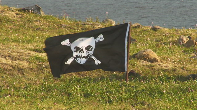 Pirate Flag Flutters in the Wind / Pirate black flag with the skull develops by the sea

