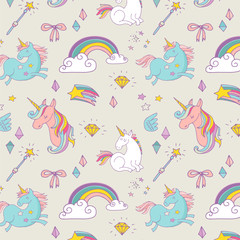 Magic hand drawn pattern - unicorn, rainbow and fairy wings