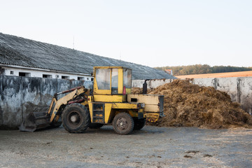 Old bulldozer near heap of manure
