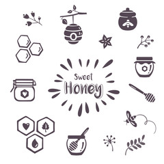 Summer honey icons, organic 
honey badges with honey pots and jars