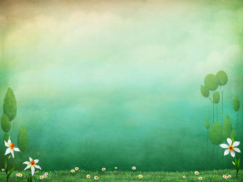 Pastel textured background with flowers and green grass. 
