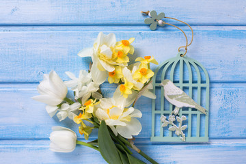 Background with fresh spring white and yellow flowers and decora