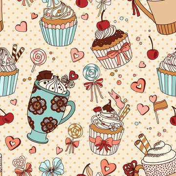 Vector seamless pattern with cups of coffee and cupcakes
