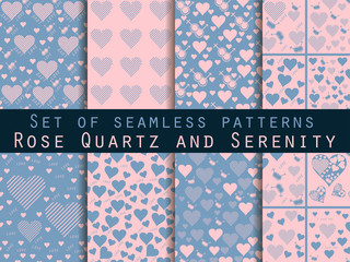 Set of seamless patterns with hearts. Love patterns. Rose quartz and serenity violet colors.