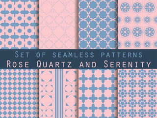 Set of seamless patterns. Geometric seamless pattern. Rose quartz and serenity violet colors.