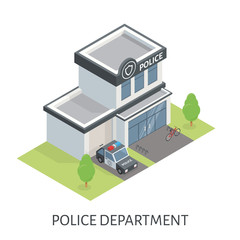 Isometric police department building. Patrol car