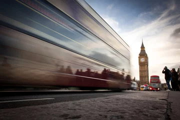 Foto op Plexiglas Big Ben, the Palace of Westminster, red bus and tourists moving, © Melinda Nagy