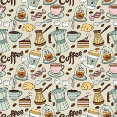 Seamless pattern with coffee and sweet. Coffee background
