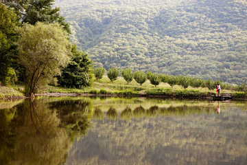 Fototapeta premium Couple in love on the shore of Lake Forest
