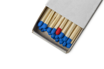 Matchbox with blue and one red matches