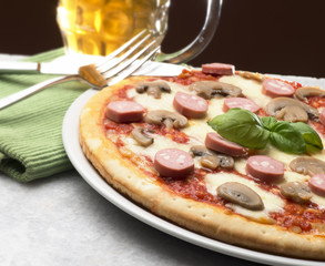 pizza with mushrooms and beer