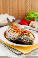 Asian Style Baked Fish With Chili, Ginger and Soy Sauce Dressing