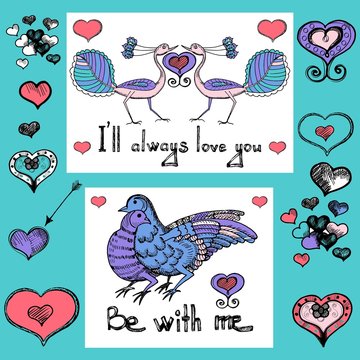

Love greeting cards. Love birds of Valentine's day. Love and loyalty. Vector sketch of hand drawn birds and hearts
