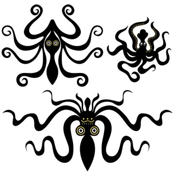 Black silhouettes of octopus on white background. Vector illustration of octopus by greek Minoan style 