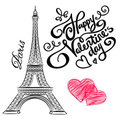 sketch of Paris, Eiffel Tower  with hearts. Vector illustration