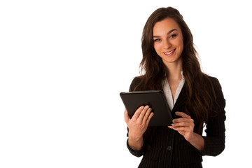 beautiful young business woman looking at tablet gesturing succe