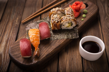 Sushi set on a wooden tray