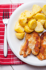 Fried chicken breast fillet on a white plate.