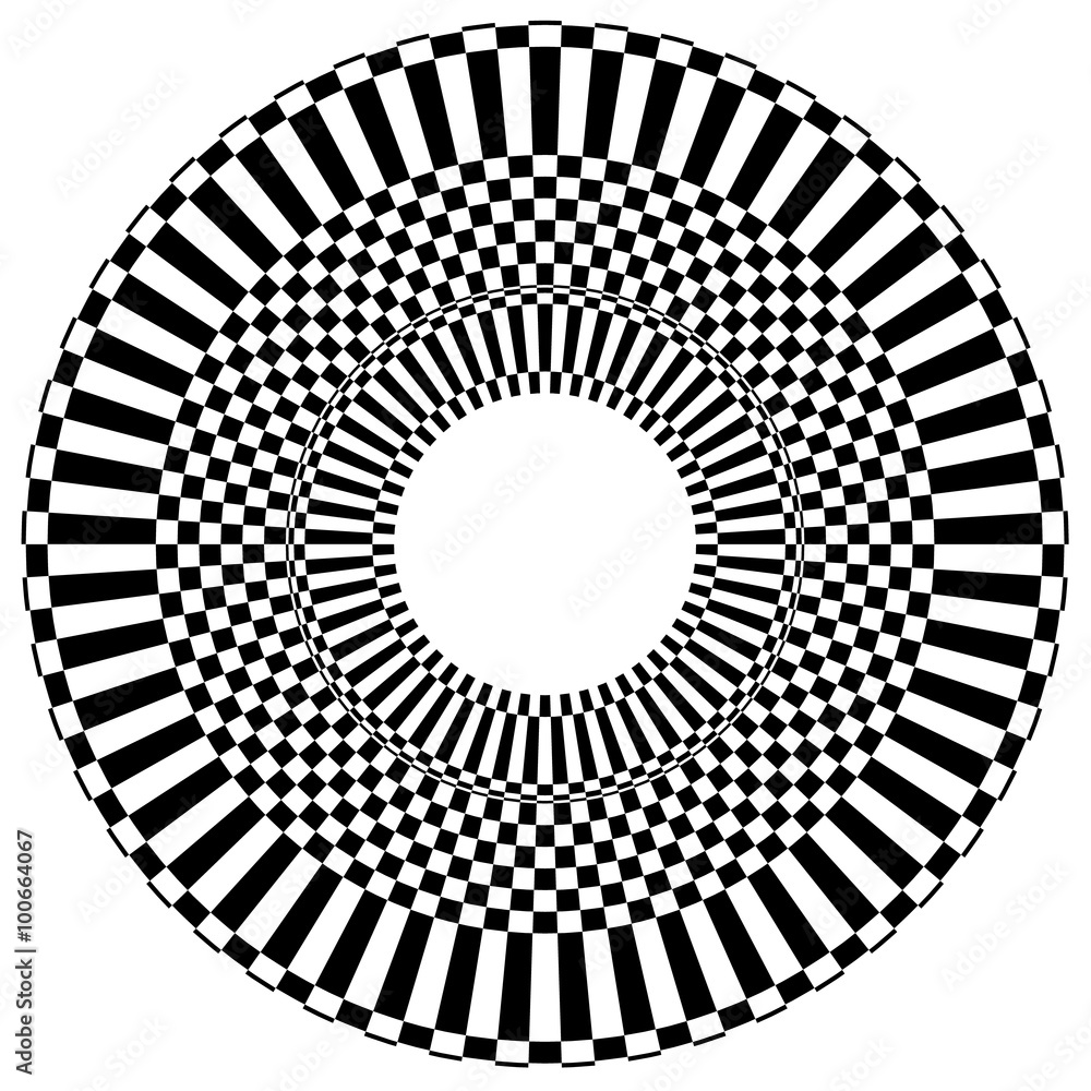 Poster abstract radial, circular element with checkered surface.