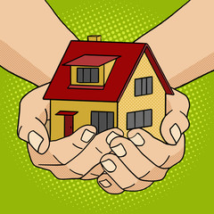 House in hands pop art style vector 