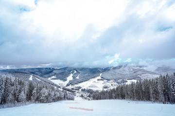 Fototapeta na wymiar Beautiful view from the mountain ski slope