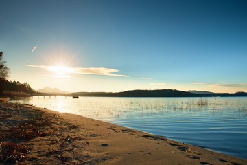 Beautiful sunrise at empty beach, Mediterranean Sea  island