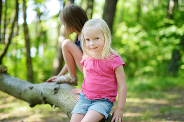 Two adorable little sisters hiking in a forest © MNStudio