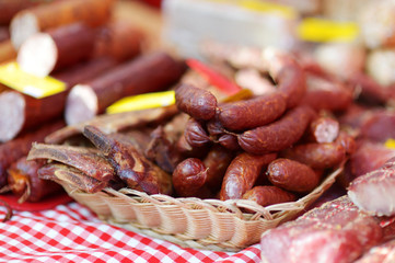 Home made sausages on a farmer's market in Vilnius