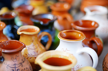 Ceramic dishes, tableware and jugs sold on Easter market in Vilnius