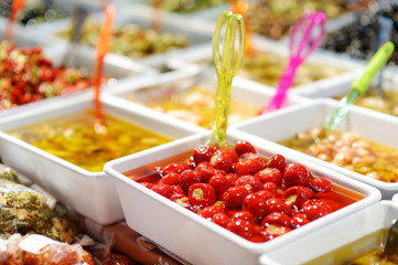 Assorted olives on farmer's market in Italy