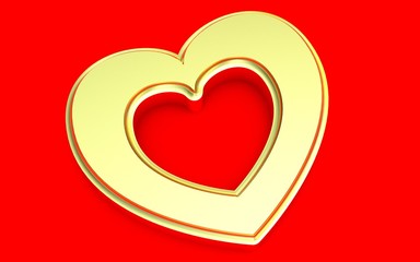 Golden heart with concave edges on a red background. Render.