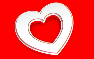 Silver heart with concave edges on a red background. Render.