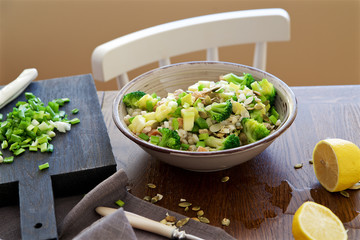 Salad with pearl barley, chicken and vegetables