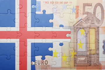 puzzle with the national flag of iceland and euro banknote