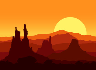 Sunset in the Rocky Mountains. Vector illustration. 