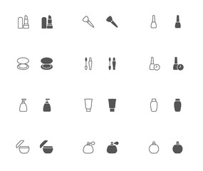 Outline and filled simple vector icons of Make-up related stuff. Snapped to pixel shapes, fully scalable