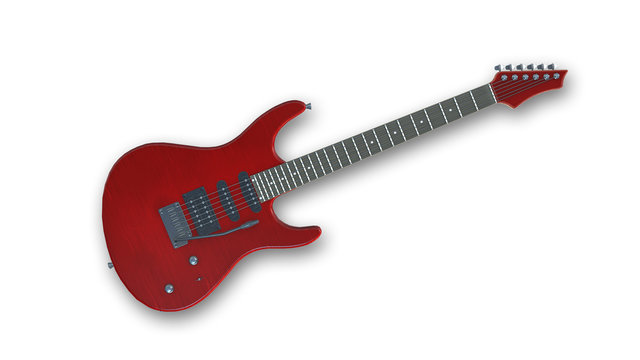 Red electric guitar, music instrument isolated on white background