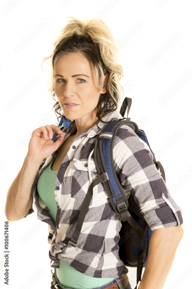 Wall mural woman with backpack close up