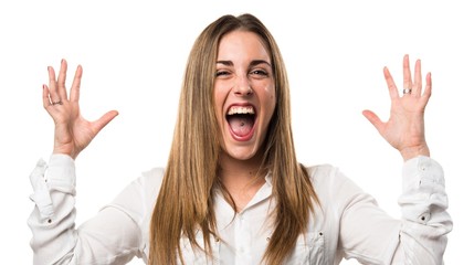 Blonde woman doing surprise gesture