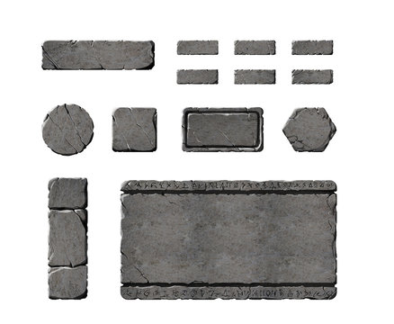 Set of realistic stone buttons and panels, with runes on them.