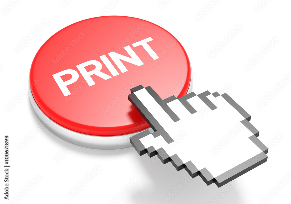 Poster mouse hand cursor on red print button. 3d illustration.