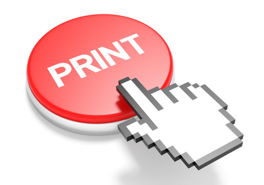 Mouse Hand Cursor on Red Print Button. 3D Illustration.